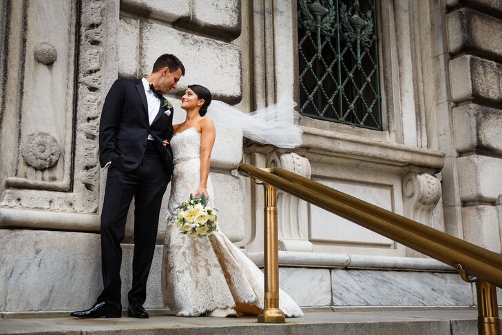 Couple with Veil Flying in Wind