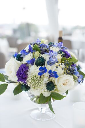 Textured Ivory and Blue Rose and Thistle Centerpieces