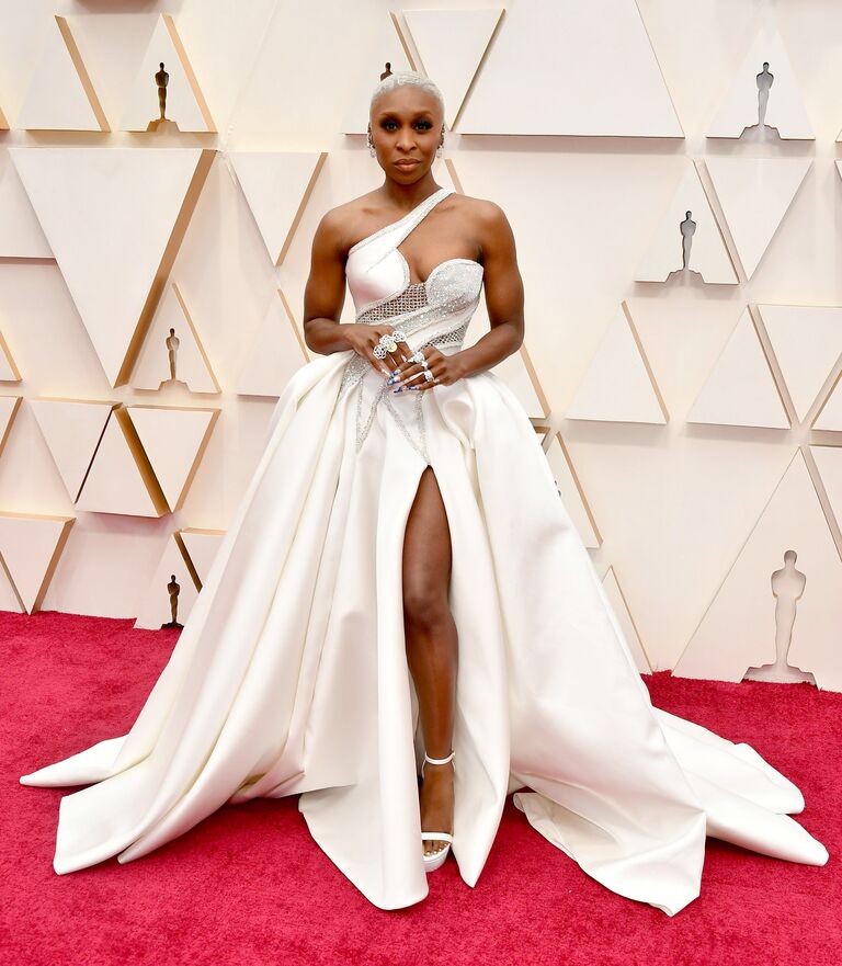 Cynthia Erivo in a white one-shoulder ball gown on the Oscars red carpet