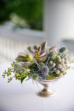 Succulent, Silver Brunia and Thistle Centerpieces