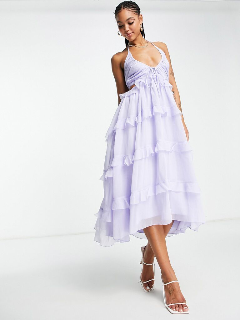 pastel spring wedding guest dress with ruffles 