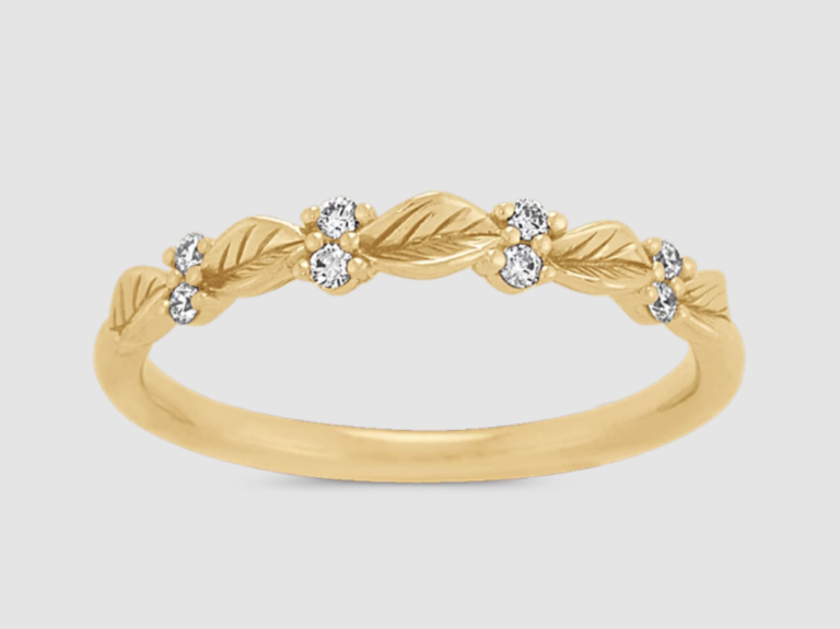 yellow gold ring with leaf style and diamonds
