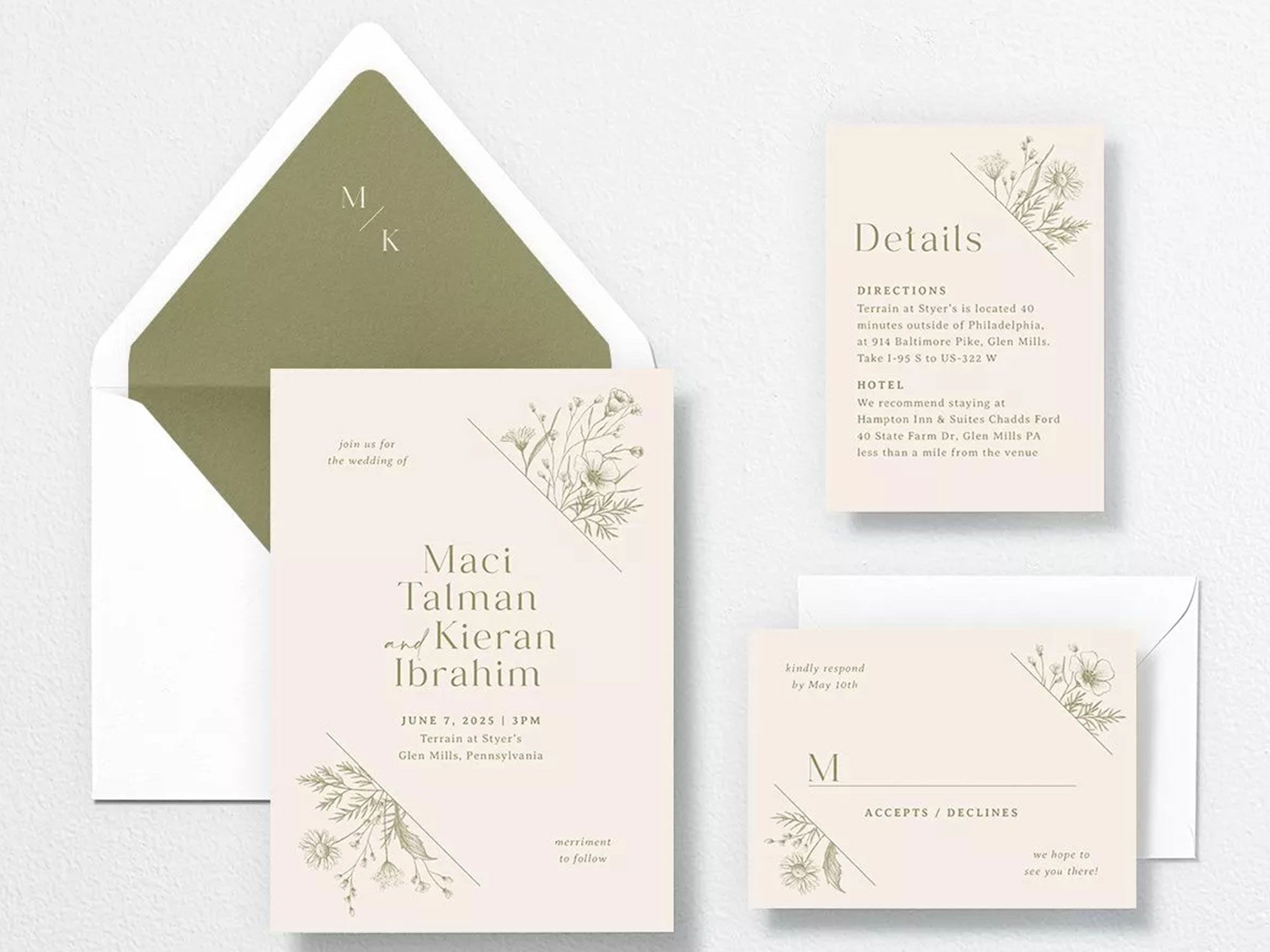 Floral wedding invitations, floral wedding accessories, floral