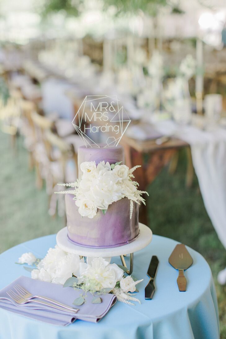 Purple Watercolor Cake With Modern Topper and White Flowers