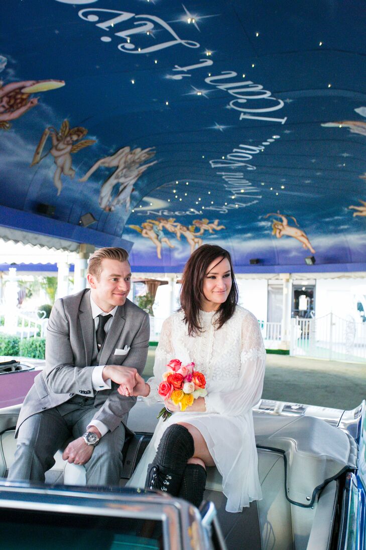 “We both prefer a style that blends modern elements with throwback and classic pieces, so we opted for wedding day attire that reflected this overall style.” Mike wore a gray, three-piece suit with sterling silver cuff links made with the wooden pieces from the old seats in the Toronto Maple Leafs' arena.