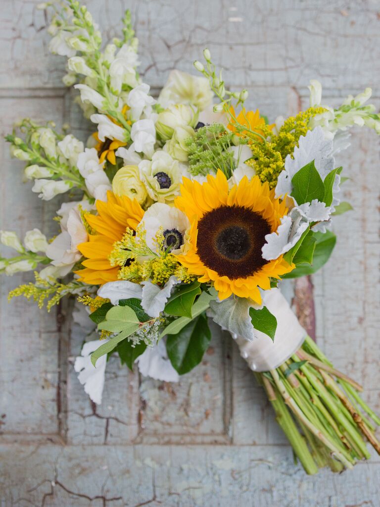 fall wedding bouquet with sunflowers, white anemones and stock
