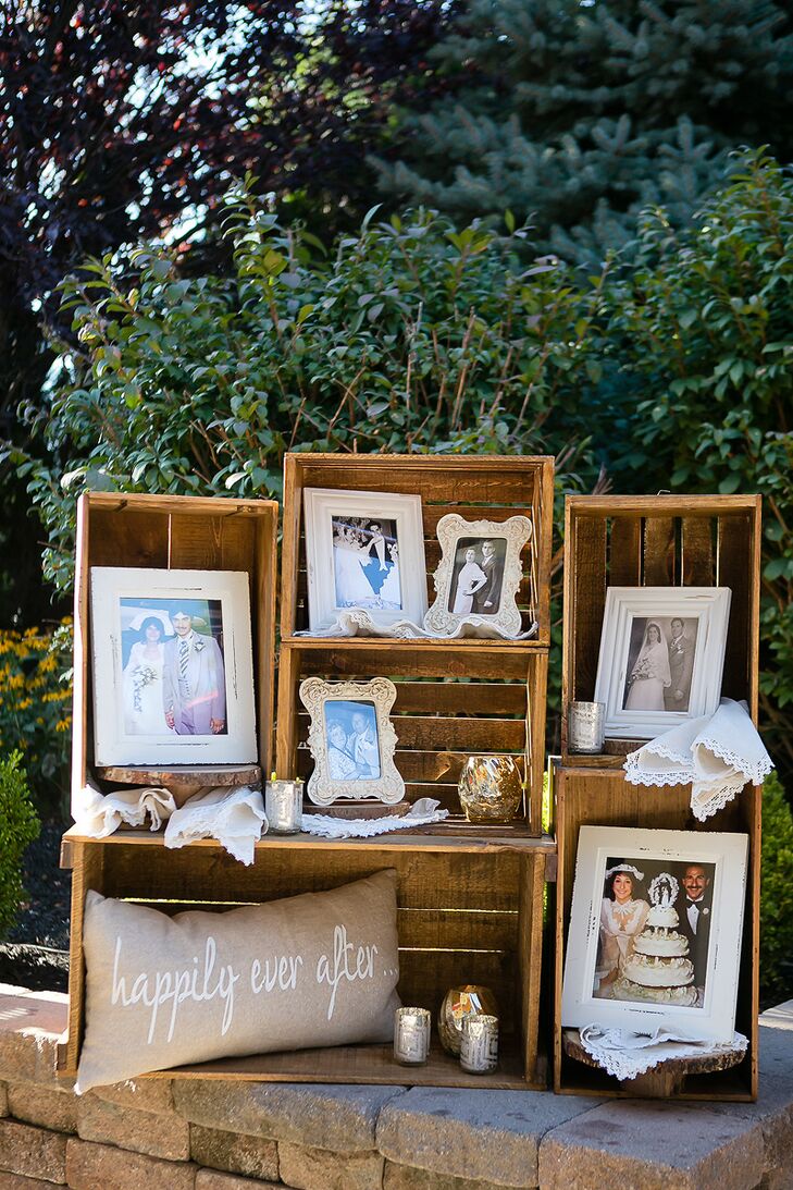 Using old wine crates, Mary was able to create a display shelf of family members' wedding photos.