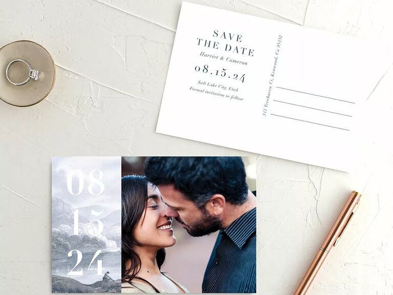 Mountain and lake gray landscape with wedding date in white type on left, personalized photo on right