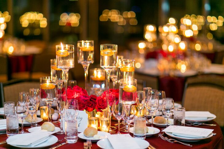 Red Rose Centerpiece With Red Linens