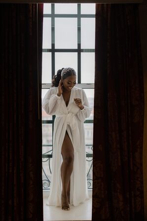 Bride With Jeweled Hair Accessory in Getting Ready Robe