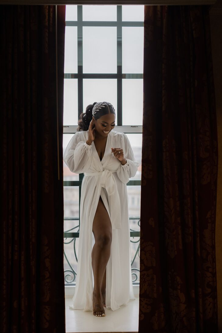Bride With Jeweled Hair Accessory in Getting Ready Robe