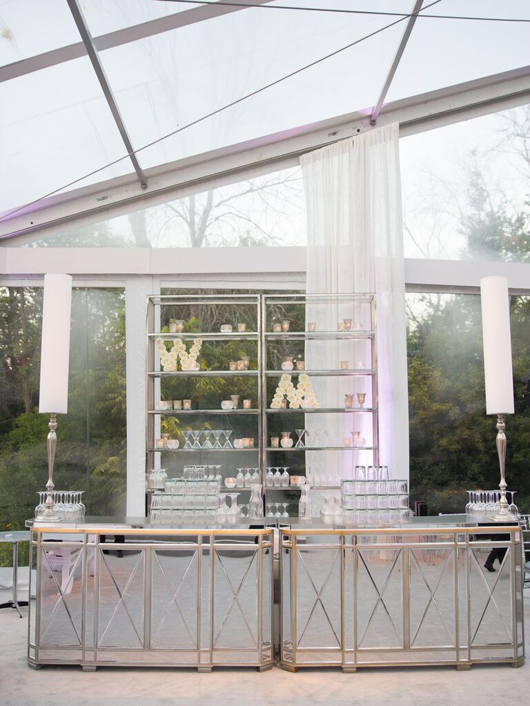 Industrial metal chrome bar top for indoor-outdoor wedding reception