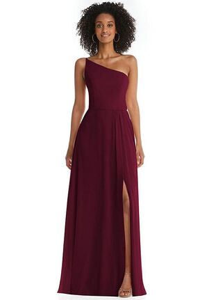 Dessy Group One-Shoulder Chiffon Maxi Dress with Shirred Front Slit - 1555 One Shoulder Bridesmaid Dress