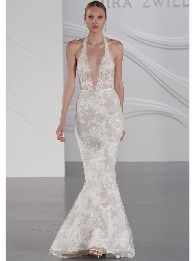 Mira Zwillinger beaded fit and flare mermaid halter dress