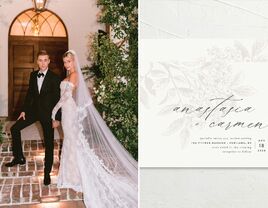 Justin and Hailey Bieber inspired wedding invitation with stencil flower design