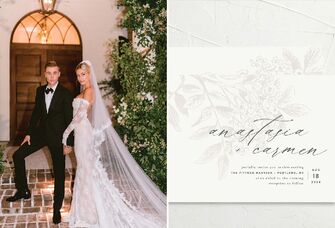 Justin and Hailey Bieber inspired wedding invitation with stencil flower design