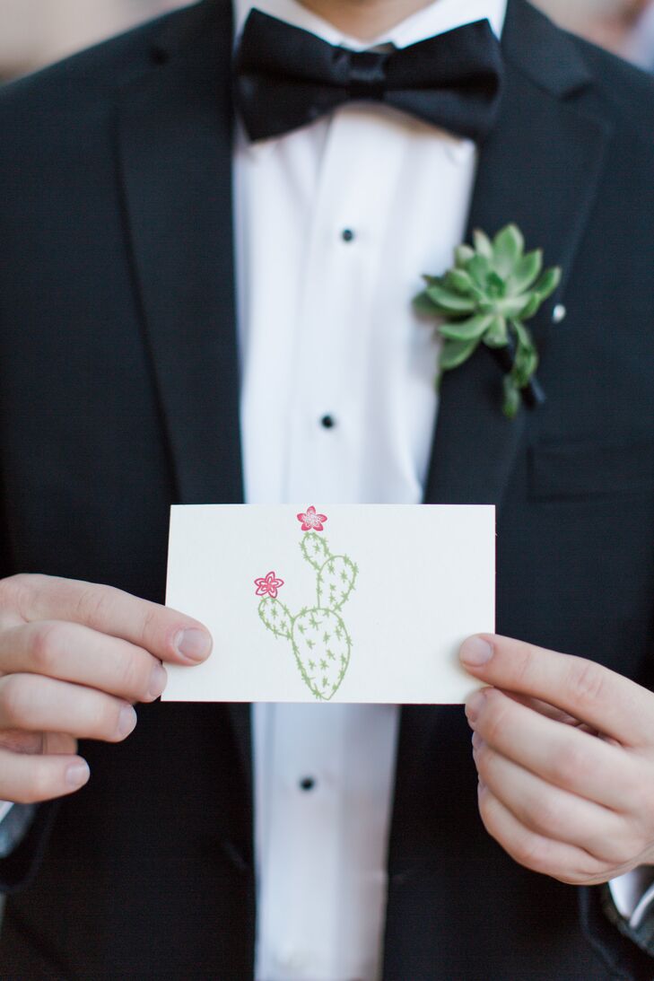 "Succulents were a must," Kelsey says. "Those were actually the groomsmen boutonnieres with some jasmine vines. I love the timeless look of tuxedos, so it was a simple choice to go with the traditional black tuxedo with suspenders."