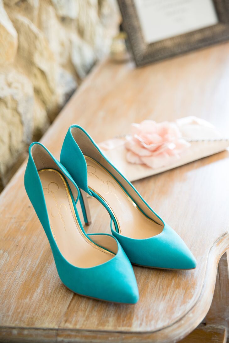 For her "something blue," Lauren wore turquoise suede d'Orsay pumps by Betsey Johnson.