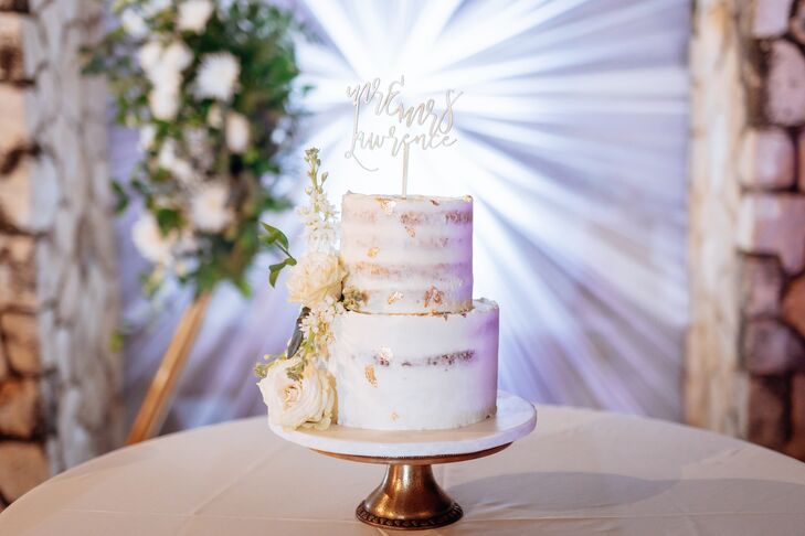 Two-Tier Semi-Naked Wedding Cake, White Frosting, Gold Flakes, Custom Cake Topper