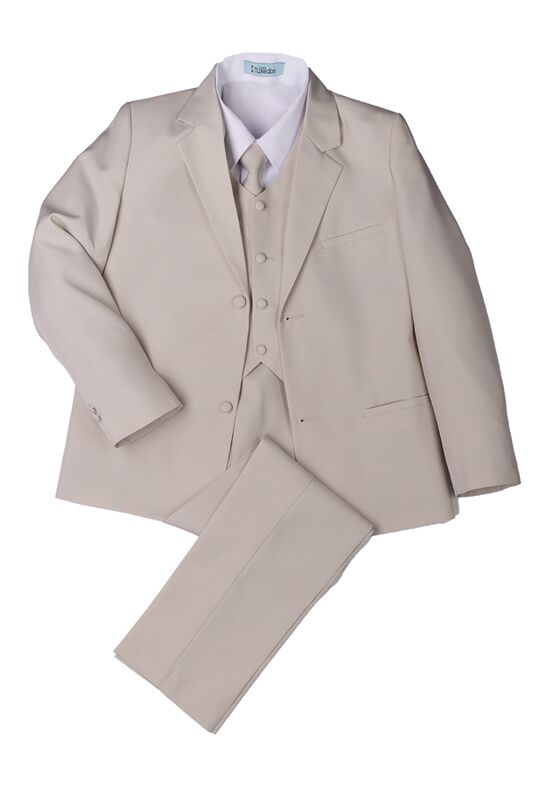 Little Tuxedos "Mason" Kids Tan Suit (5-Piece Set) Flower Girl Dress and Ring Bearer Outfit - 1