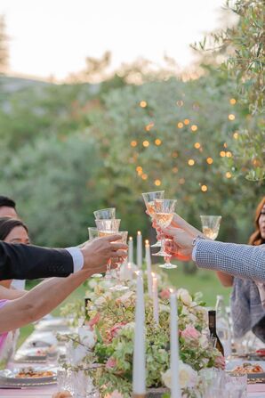 Guests and Couple Cheers at Outdoor Spring Micro Wedding Reception in Tuscany