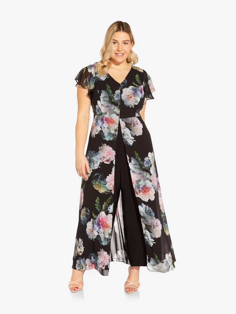 A model shows off this gorgeously modern floral jumpsuit.