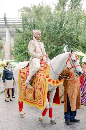 Groom on Horse for Baraat Entrance to Indian Wedding