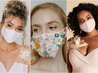three models wearing stylish cute wedding masks with embellishments