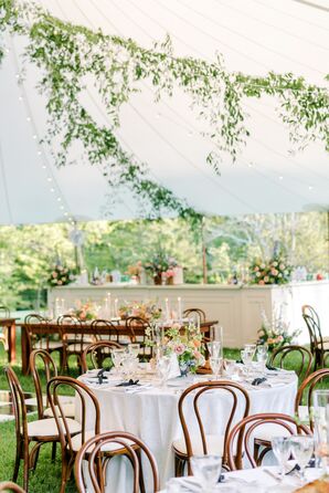 Tented Reception With String Lights, Hanging Greenery, Long and Round Tables, Pastel Floral Arrangements