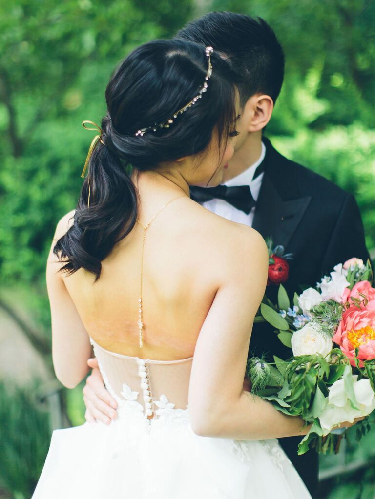 Low ponytail with sparkly headpiece
