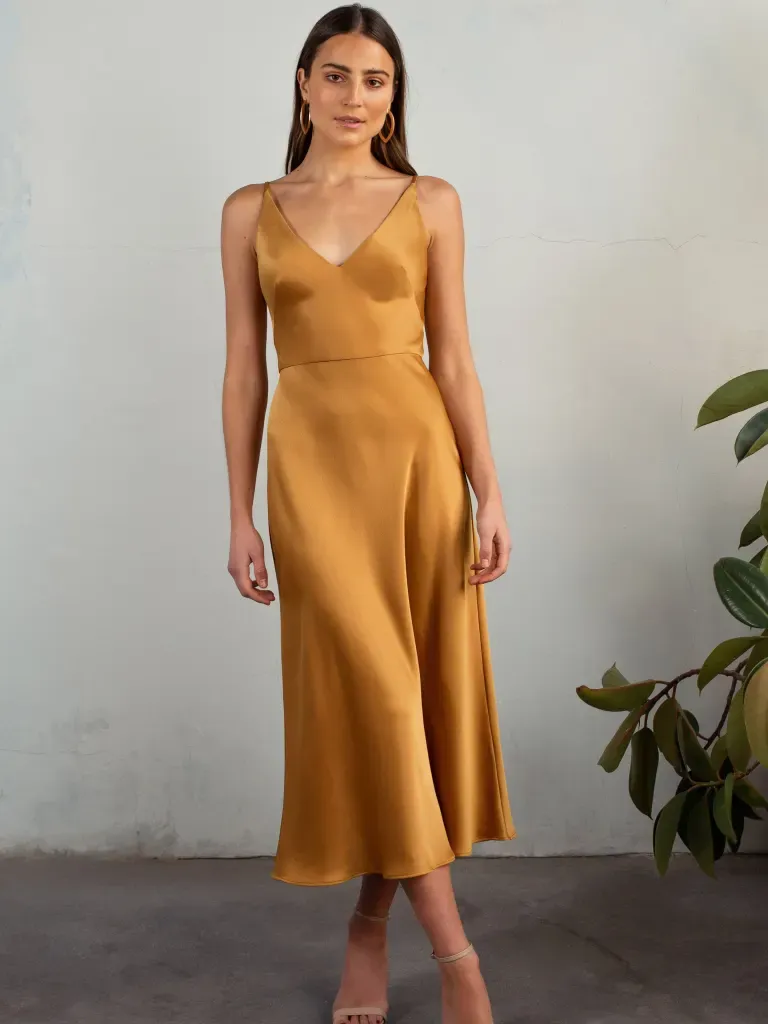 Marigold satin midi bridesmaid dress