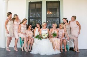 Mismatched Blush Bridesmaid Dresses and Nude Heels
