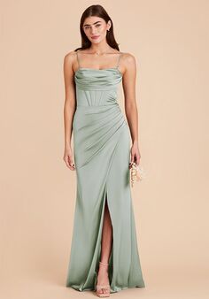 Birdy Grey Carrie Matte Satin Dress in Sage Strapless Bridesmaid Dress