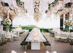 Gold Geometric Ceiling Decor and Long Dining Tables at Wedding Reception