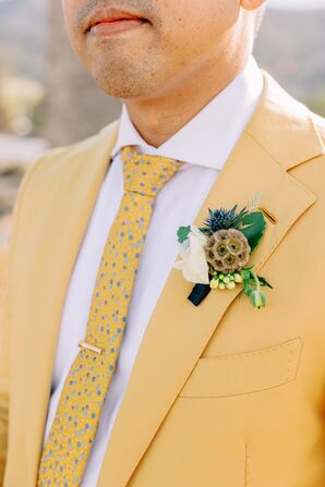 Scabiosa Pod Boutonniere and Yellow Suit and Tie