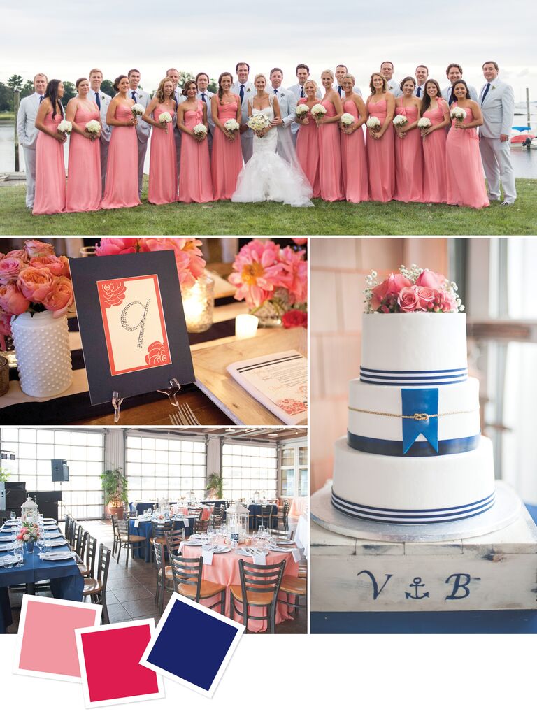Nautical themed beach wedding with coral, fuchsia and navy colors