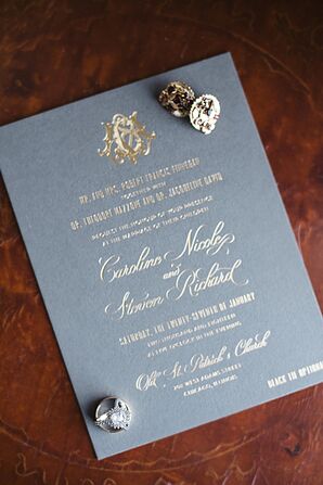 Invitations with Gold Calligraphy on Gray Paper