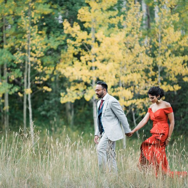 Formalwear engagement photo out in nature