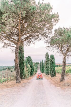 Red Wedding Getaway Car at Terre Di Nano in Val d’Orcia, Italy