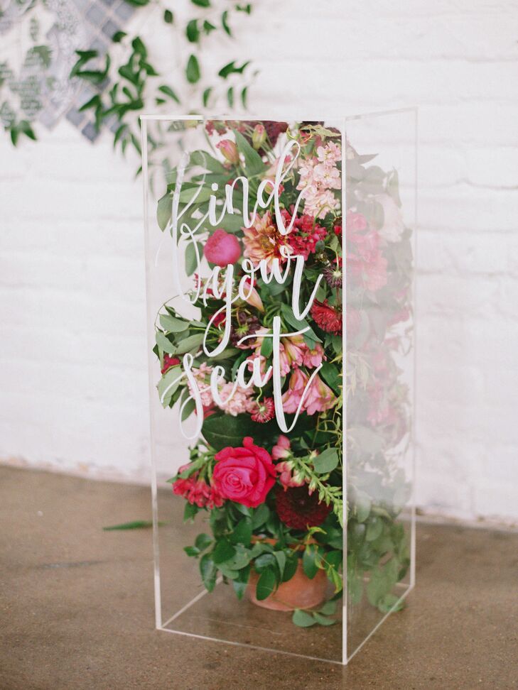 Lucite Cube Sign Filled with Pink Flowers