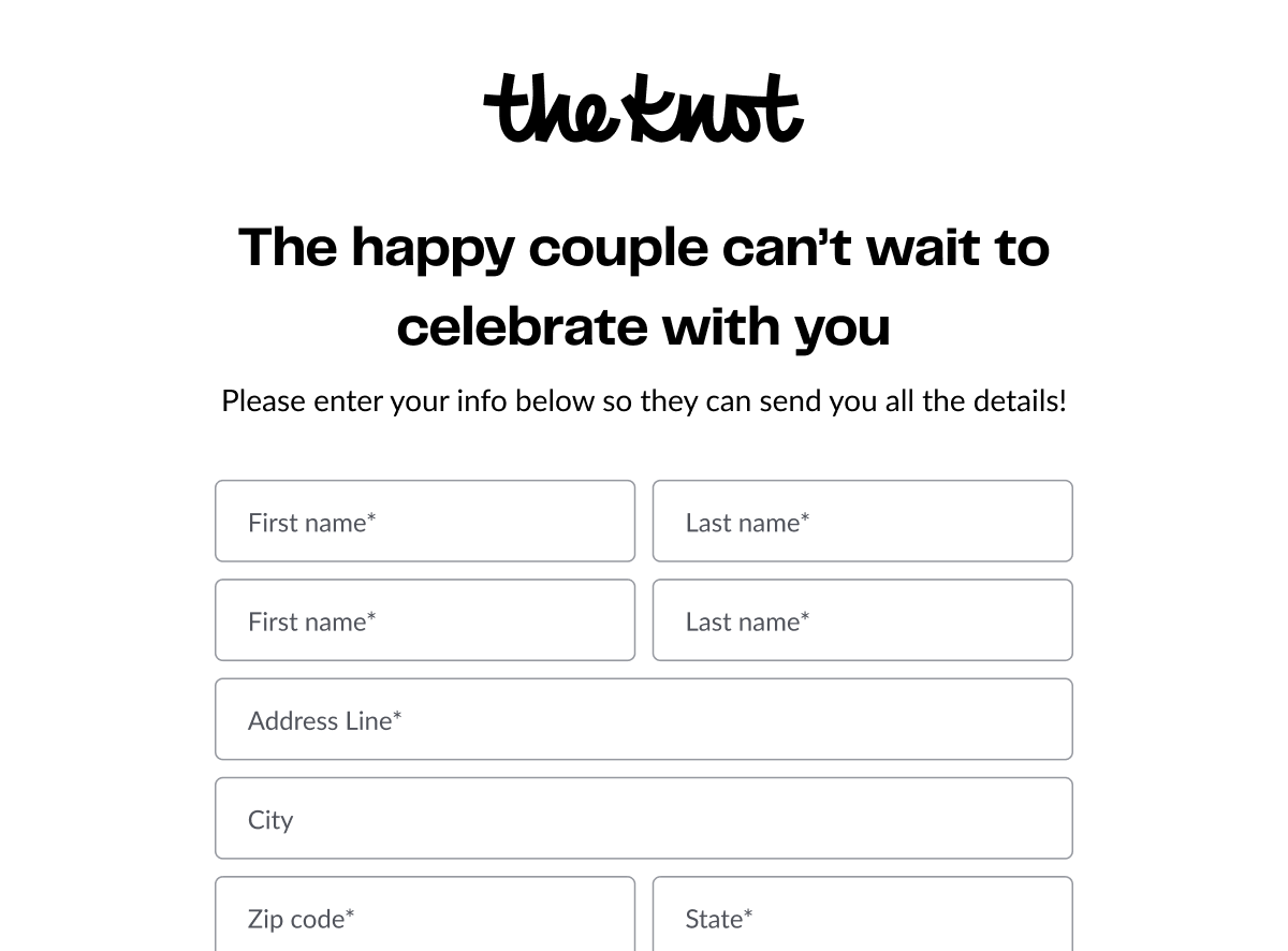 The Knot address collection form with fields for guests to provide their contact info.