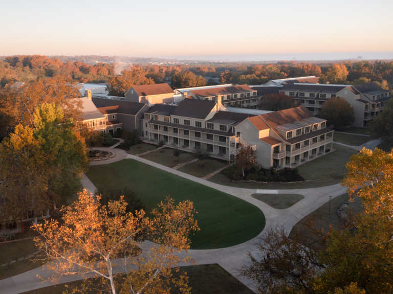 Aerial view of Hyatt Lost Pines Resort & Spa wedding venue during the fall in Lost Pines, Texas