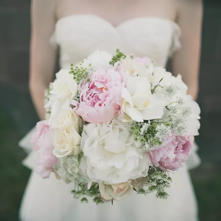 Pink peony and white gardenia wedding bouquet