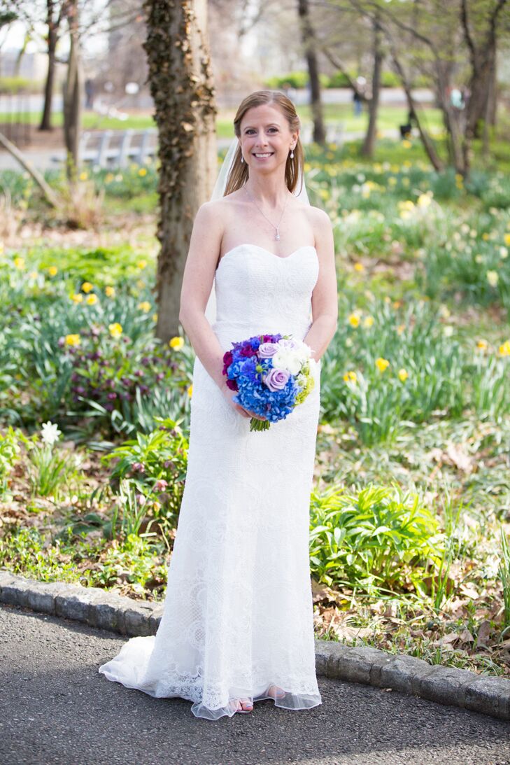 This Oleg Cassini dress with micropearl beading, a sweetheart neckline and a chapel-style train was the dress Lisa never knew she wanted. "I fell in love with a gown that I never would have picked myself," she says. "I was fortunate to have an amazing stylist at David's Bridal in Manhattan, Kris, who handpicked the stunning gown."