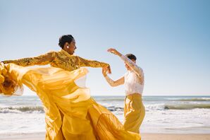 Bride in Flowing Yellow Bodice and Skirt With Partner in White and Yellow on Beach