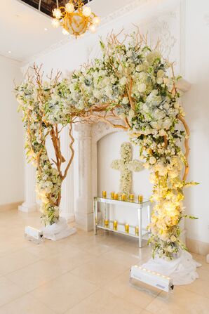 Ornate Ivory Hydrangea and Rose Wedding Arch