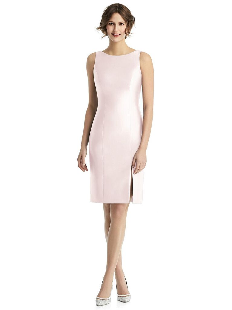 Short boat neckline pink bridesmaid dress