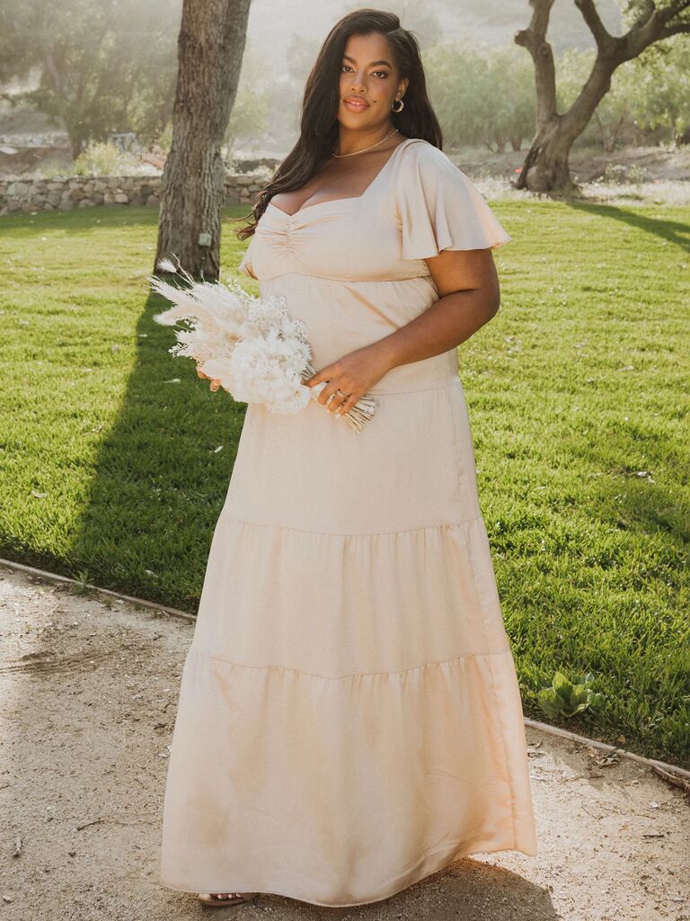 Show Me Your Mumu champagne winter bridesmaid dress with flutter sleeves
