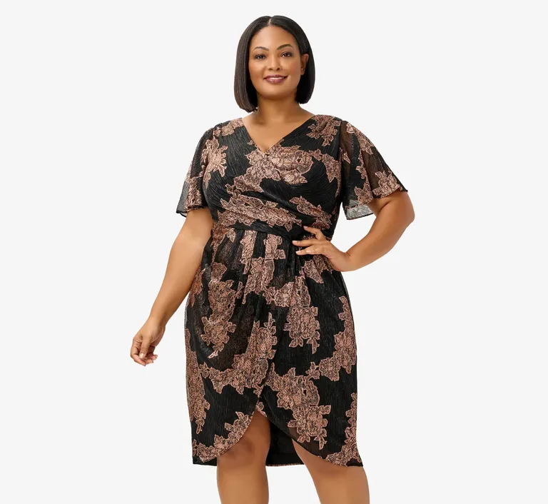 Vince Camuto Plus Size Jacquard Square Neck Short Puffed Sleeve A-Line Dress, Womens, 14W, Rust