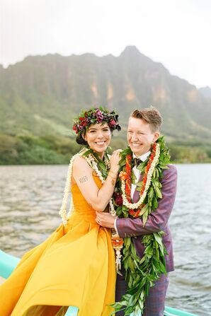 Bride With Flower Crown in Yellow Wedding Dress on Boat With Bride in Purple Tux With Leis